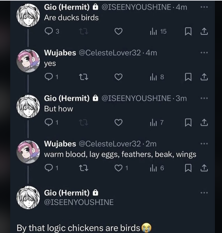 Internet meme - Gio Hermit .4m Are ducks birds 3 15 Wujabes .4m yes 1 27 that 8 Gio Hermit .3m But how 17 1 Wujabes .2m warm blood, lay eggs, feathers, beak, wings 27 Gio Hermit By that logic chickens are birds 11 6